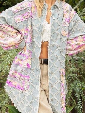 POL Pastel Blue Quilted Patchwork Shacket with Floral Panels